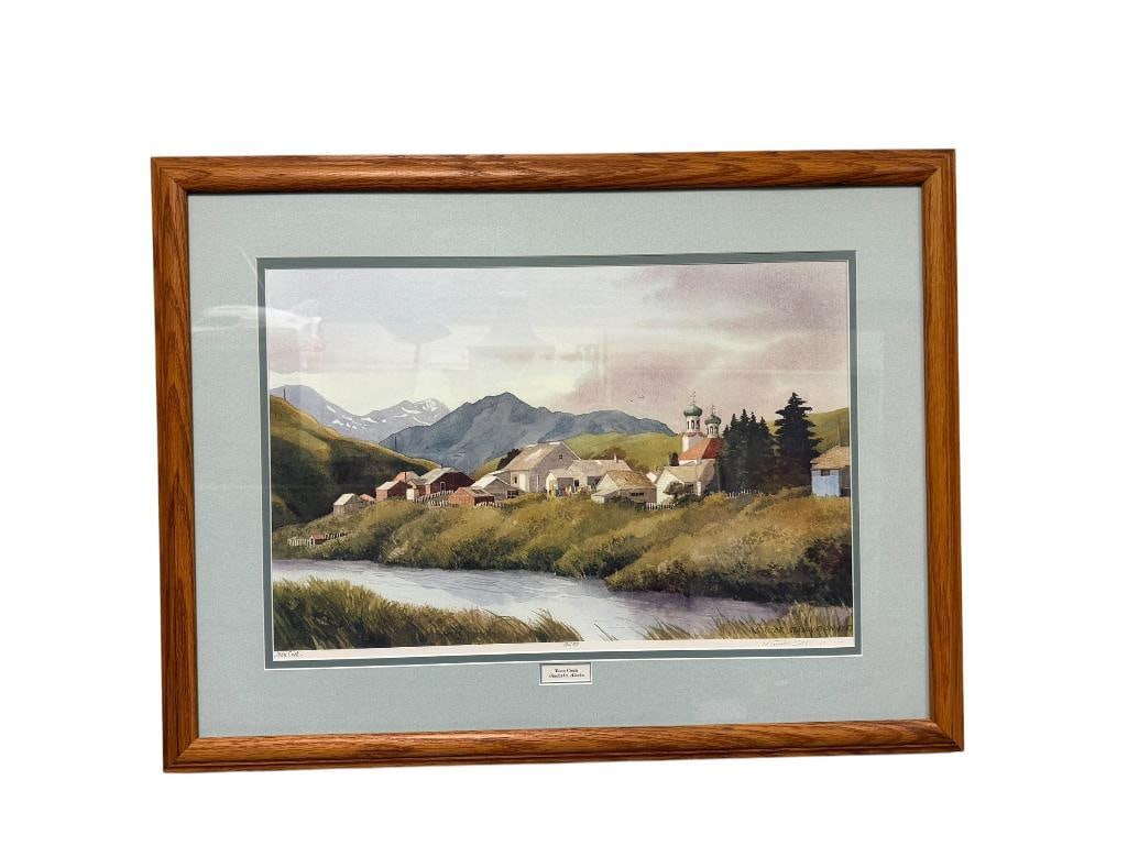 " TOWN CREEK UNALASKA, ALASKA " SIGNED AND NUMBERED PRINT BY NANCY TAYLOR SONNINGTON: PENCIL SIGNED BY ARTIST IN LOWER RIGHT, NUMEBERED 194/950, OAK FRAMED AND DOUBLE MATTED 29" X 22" FRAME