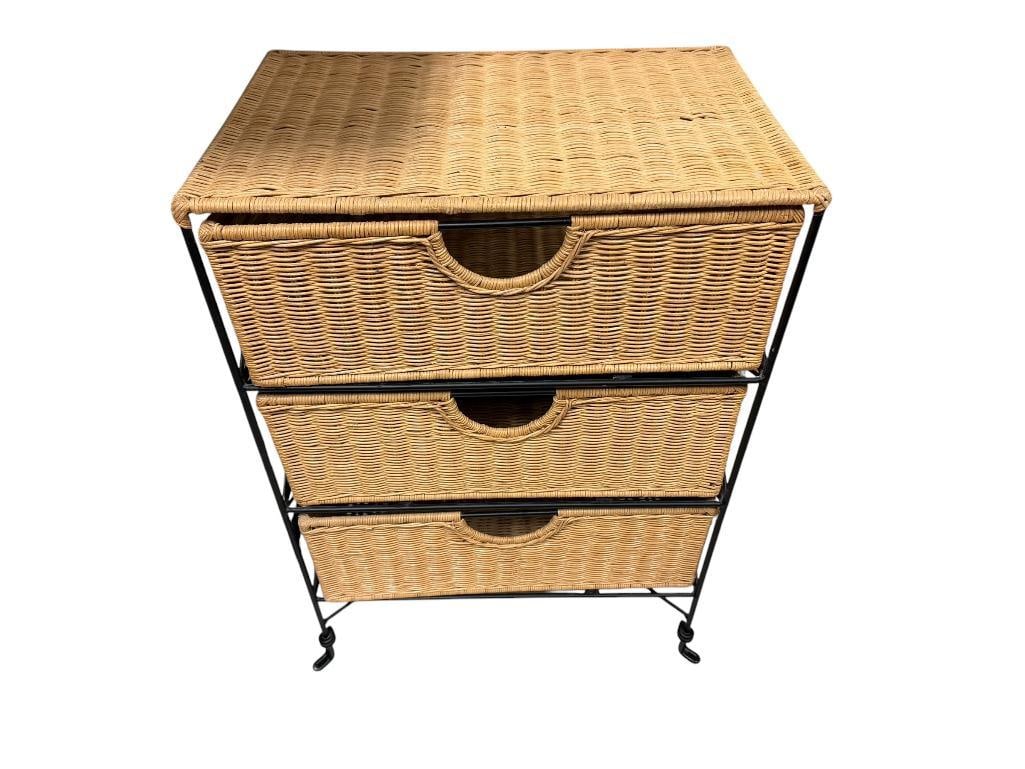 THREE DRAWER WICKER AND BLACK WROUGHT IRON FRAME CHEST: PRETTY GOOD CONDITION WITH A COUPLE FLAWS IN WICKER 18" X 12" X 26"