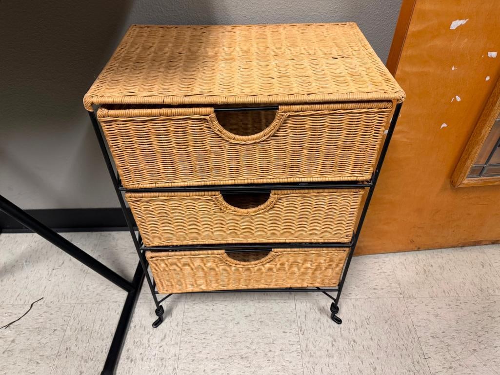 THREE DRAWER WICKER AND BLACK WROUGHT IRON FRAME CHEST - 2