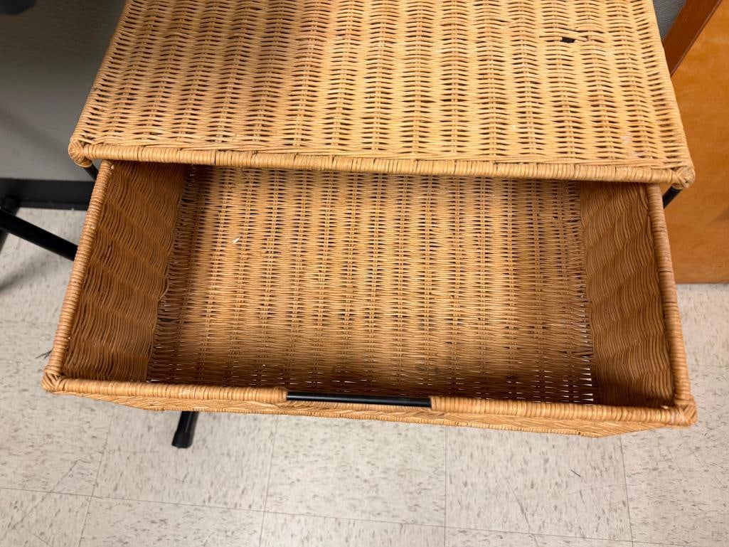 THREE DRAWER WICKER AND BLACK WROUGHT IRON FRAME CHEST - 4