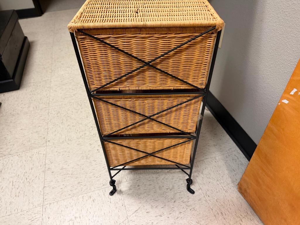 THREE DRAWER WICKER AND BLACK WROUGHT IRON FRAME CHEST - 6