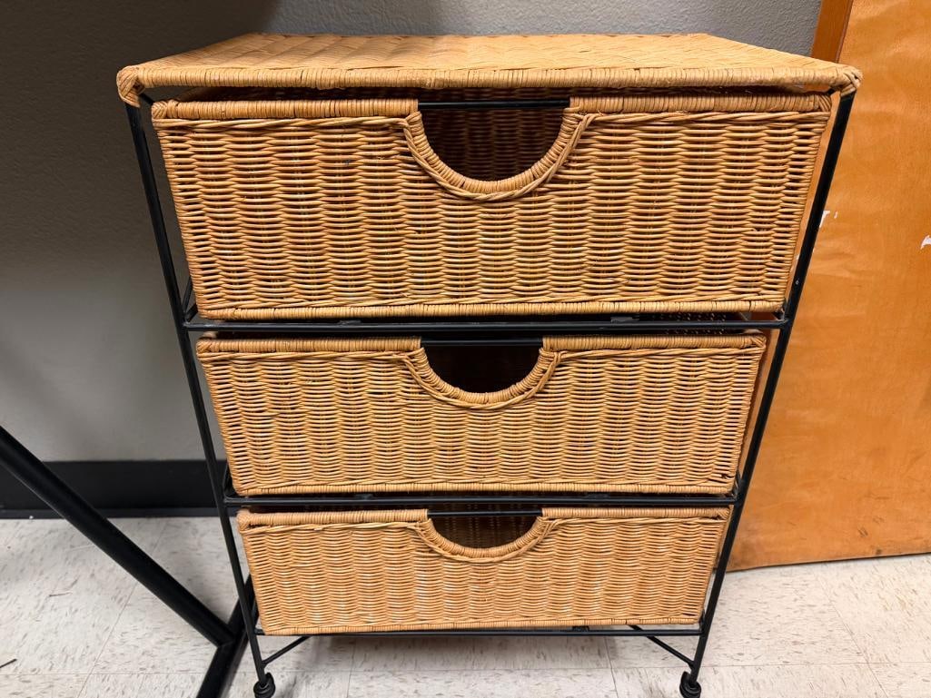 THREE DRAWER WICKER AND BLACK WROUGHT IRON FRAME CHEST - 7