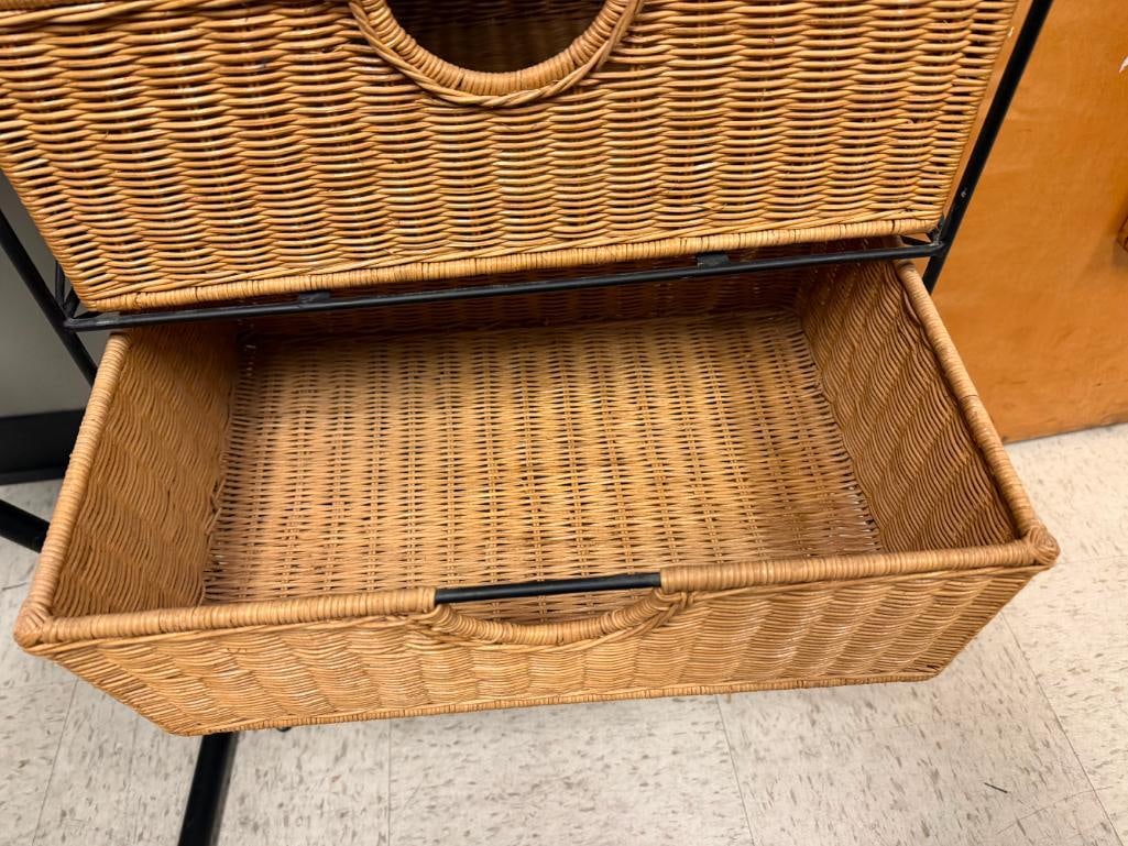 THREE DRAWER WICKER AND BLACK WROUGHT IRON FRAME CHEST - 8