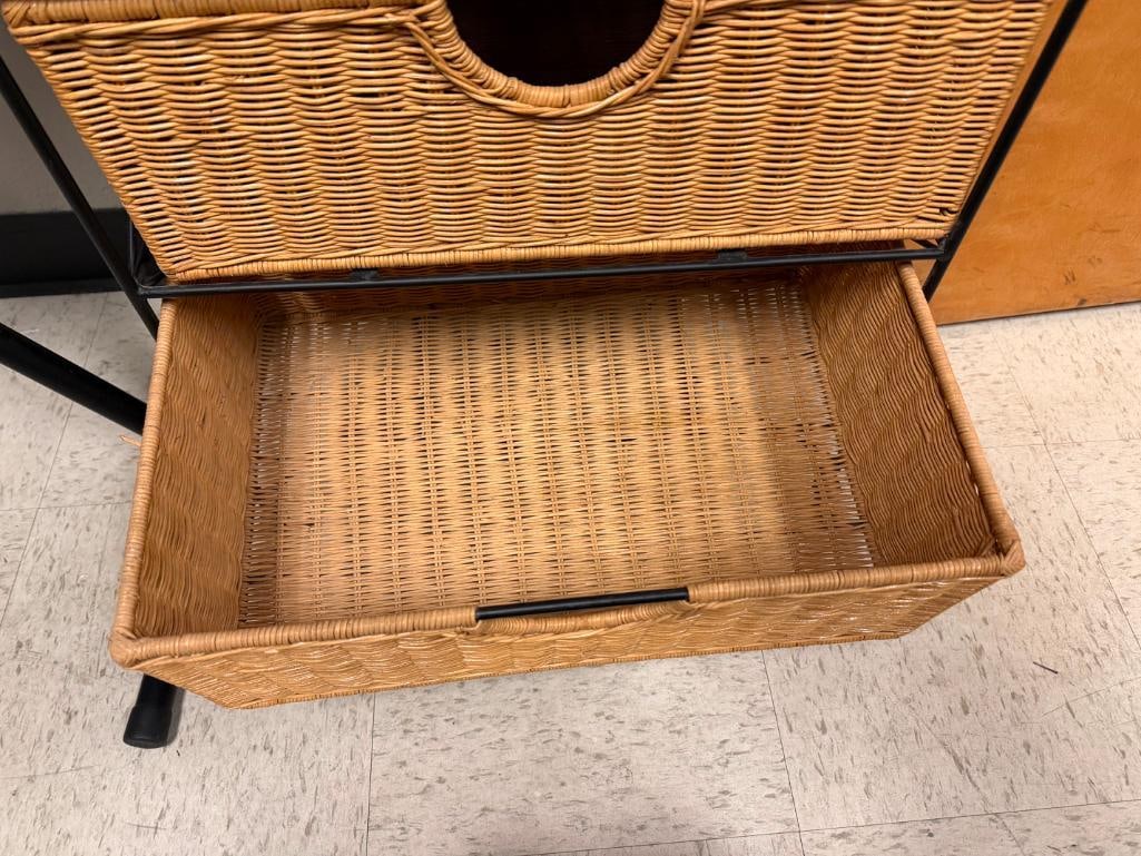 THREE DRAWER WICKER AND BLACK WROUGHT IRON FRAME CHEST - 9