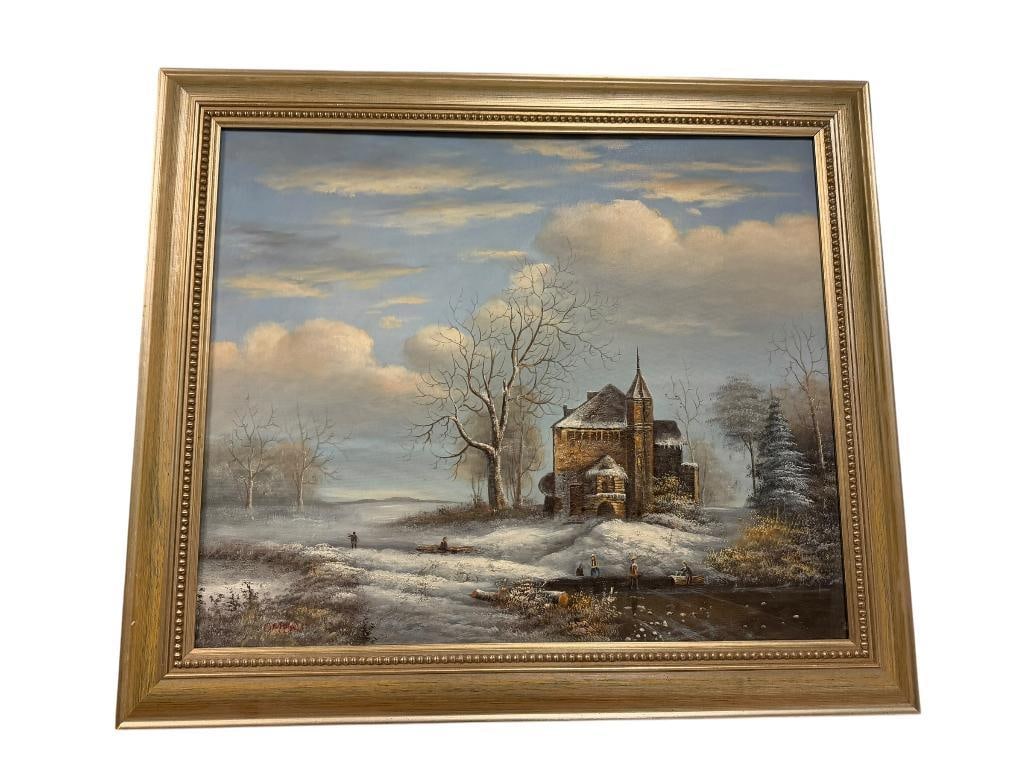 ORIGINAL OIL ON CANVAS PAINTING OF DUTCH STYLE CASTLE WINTER SCENE SIGNED OMER (1 of 10)