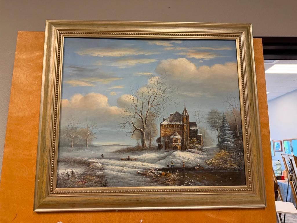 ORIGINAL OIL ON CANVAS PAINTING OF DUTCH STYLE CASTLE WINTER SCENE SIGNED OMER - 2