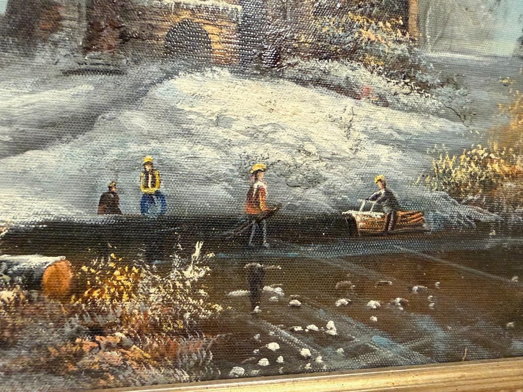 ORIGINAL OIL ON CANVAS PAINTING OF DUTCH STYLE CASTLE WINTER SCENE SIGNED OMER - 4