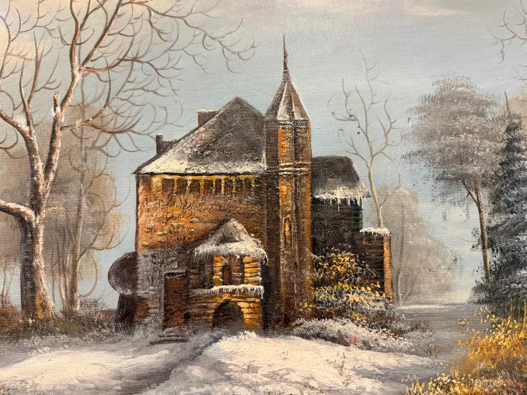 ORIGINAL OIL ON CANVAS PAINTING OF DUTCH STYLE CASTLE WINTER SCENE SIGNED OMER - 5