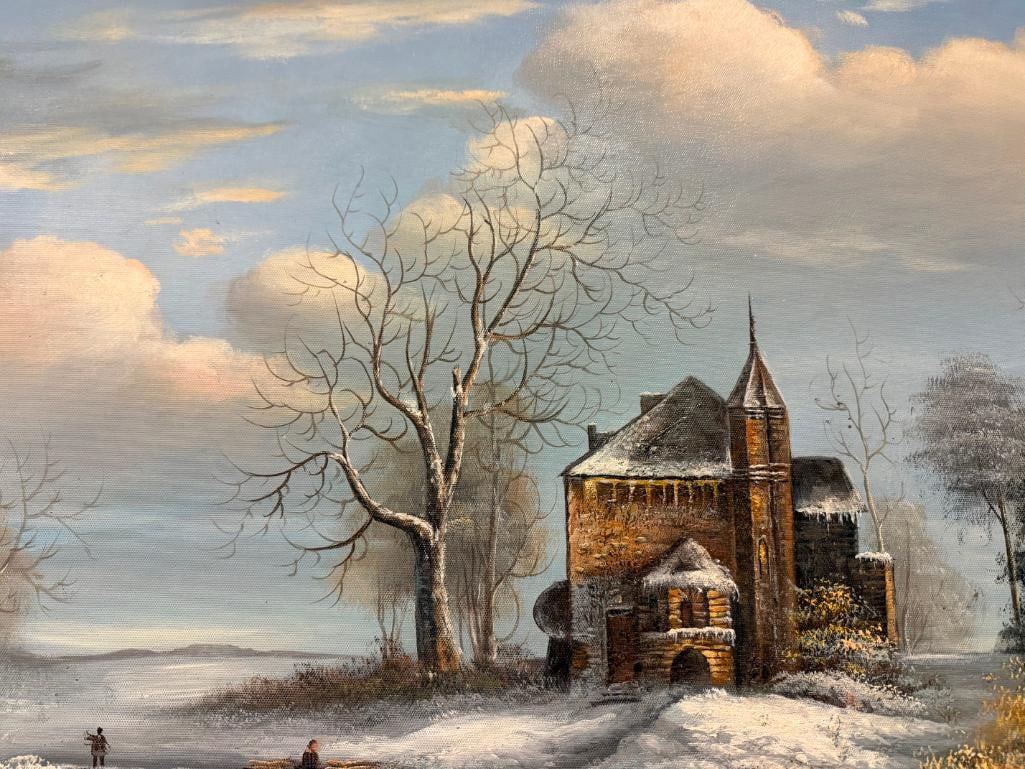 ORIGINAL OIL ON CANVAS PAINTING OF DUTCH STYLE CASTLE WINTER SCENE SIGNED OMER - 6