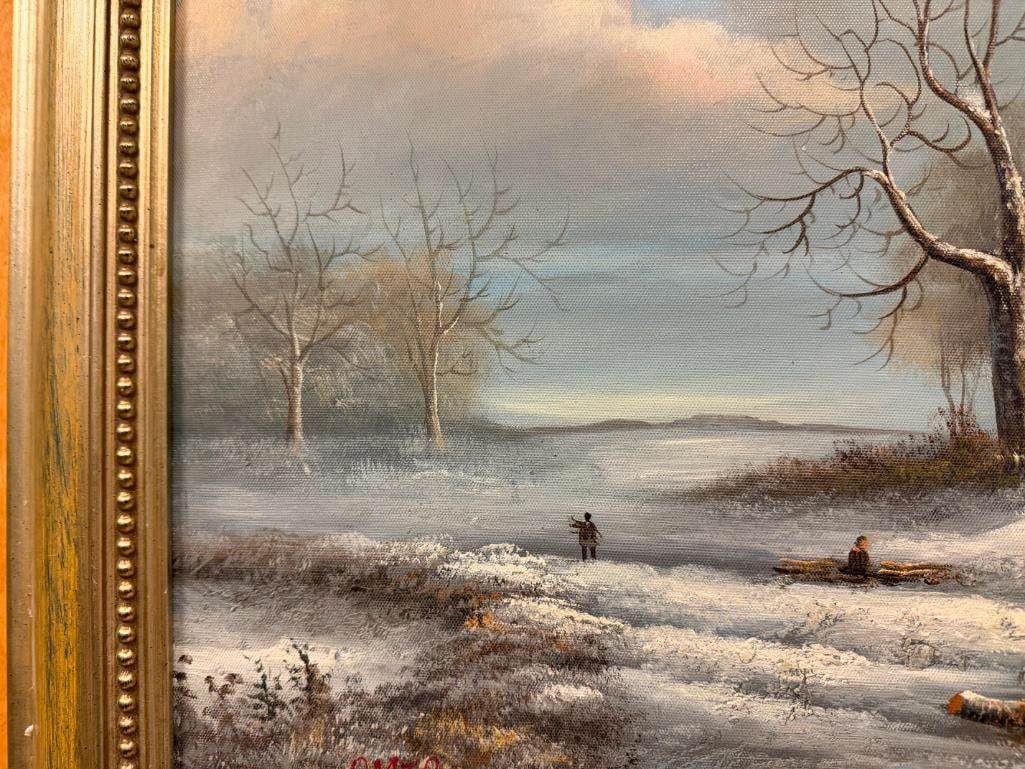 ORIGINAL OIL ON CANVAS PAINTING OF DUTCH STYLE CASTLE WINTER SCENE SIGNED OMER - 7