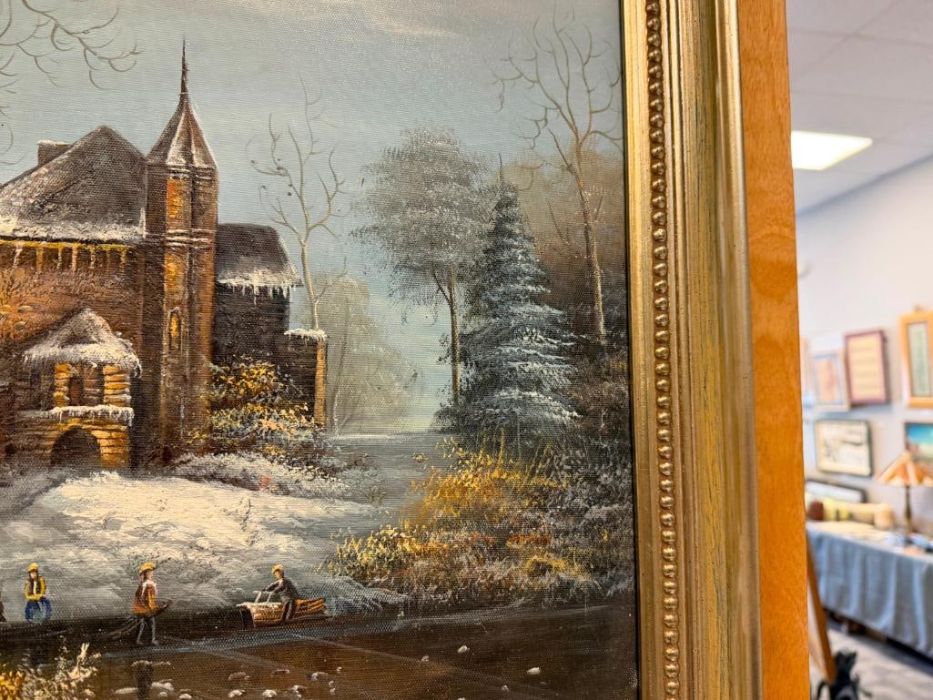 ORIGINAL OIL ON CANVAS PAINTING OF DUTCH STYLE CASTLE WINTER SCENE SIGNED OMER - 8