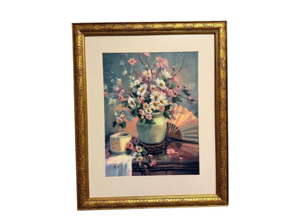 BONNIE J. BULLIS CARSON CITY, NEVADA ARTIST NEEDLEPOINT ON FABRIC OF FLORAL STILL LIFE IN VASE (1 of 11)