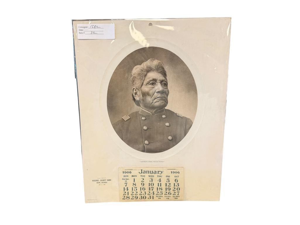COMPLETE 1906 WASHOE COUNTY BANK OF RENO, NV COMPLIMENTARY CALENDAR WITH PAIUTE LEADER JOHNSON SI...: ANTIQUE CALENDAR, COMPLETE WITH BLACK AND WHITE PORTRAIT OF PAIUTE LEADER JOHNSON SIDES PEACE MAKER 11" X 14" 