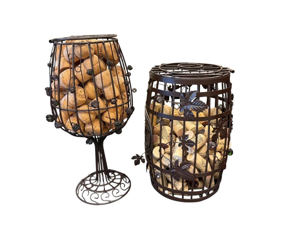 DECORATIVE METAL WIRE WINE GLASS AND BARREL CONTAINERS FILLED WITH WINE BOTTLE CORKS (1 of 11)