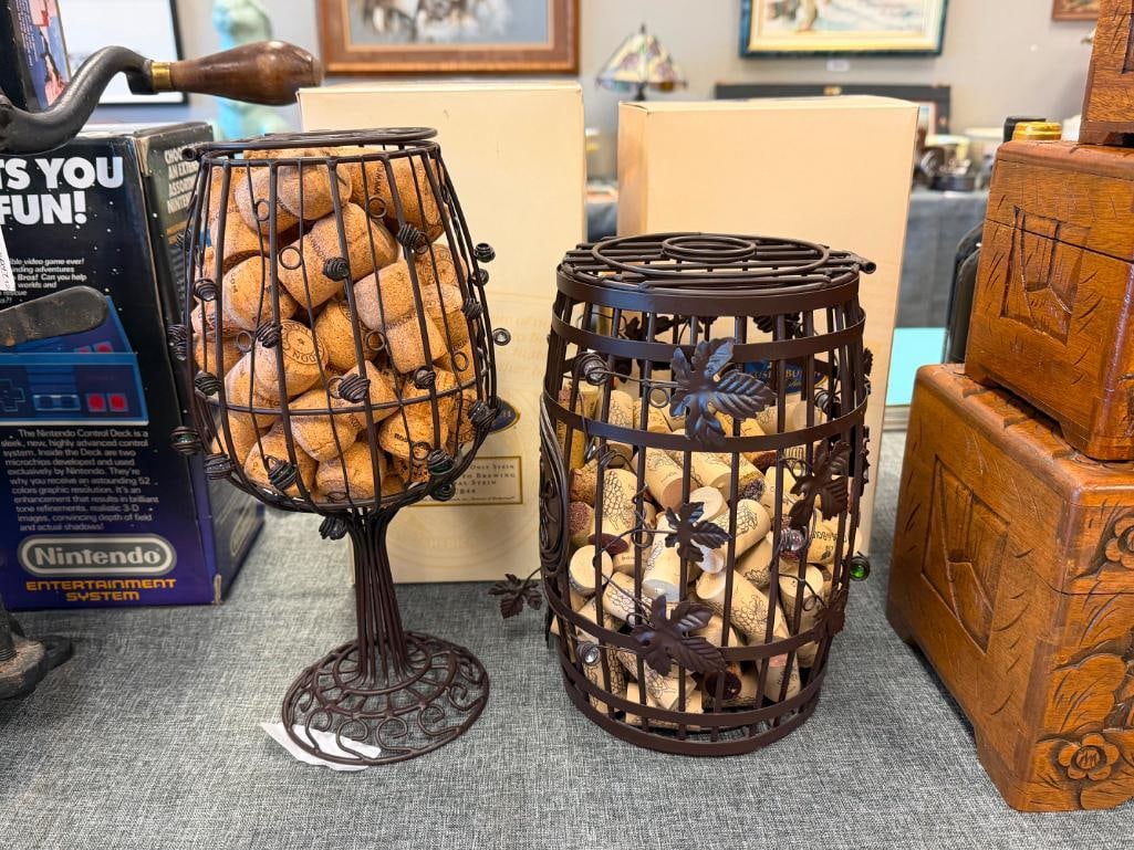 DECORATIVE METAL WIRE WINE GLASS AND BARREL CONTAINERS FILLED WITH WINE BOTTLE CORKS - 2