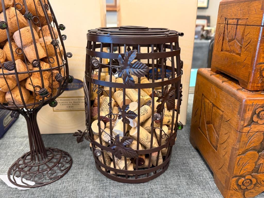 DECORATIVE METAL WIRE WINE GLASS AND BARREL CONTAINERS FILLED WITH WINE BOTTLE CORKS - 3