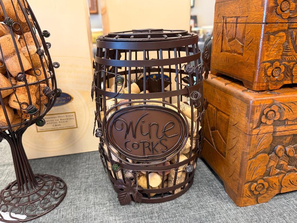 DECORATIVE METAL WIRE WINE GLASS AND BARREL CONTAINERS FILLED WITH WINE BOTTLE CORKS - 6