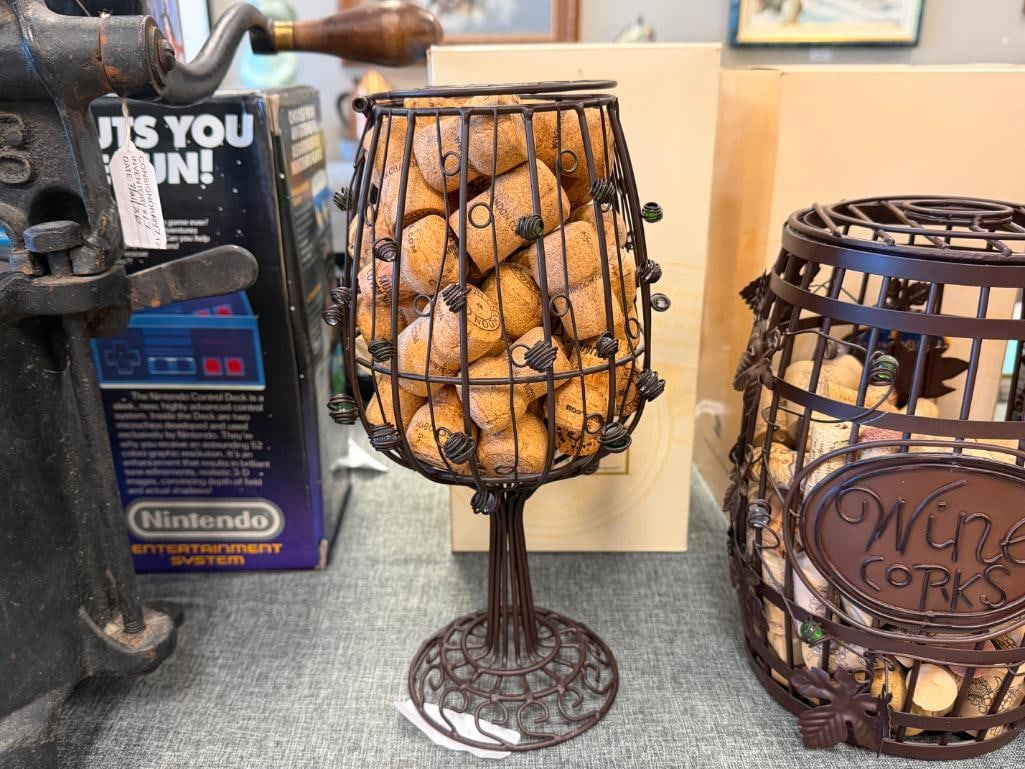 DECORATIVE METAL WIRE WINE GLASS AND BARREL CONTAINERS FILLED WITH WINE BOTTLE CORKS - 7