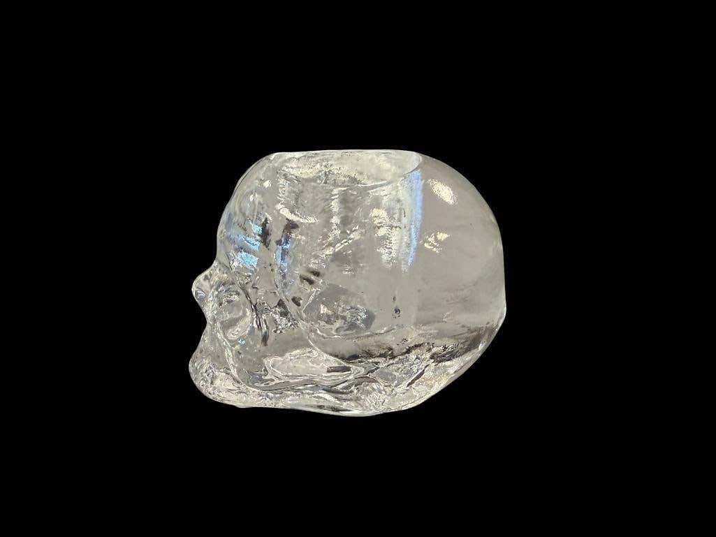KOSTA BODA MOLDED CRYSTAL STILL LIFE SKULL TEA LIGHT / VOTIVE HOLDER DESIGNED BY LUDVIG LOFGREN: WATERMARK ON BOTTOM, NO CHIPS OR DAMAGE 4" L