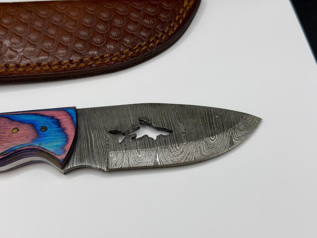 DAMASCUS STEEL FIXED BLADE KNIFE WITH SHARK CUTOUT IN BLADE - 2