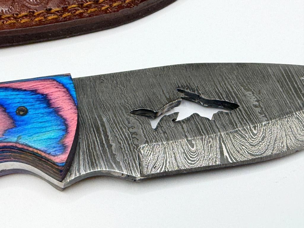 DAMASCUS STEEL FIXED BLADE KNIFE WITH SHARK CUTOUT IN BLADE - 3