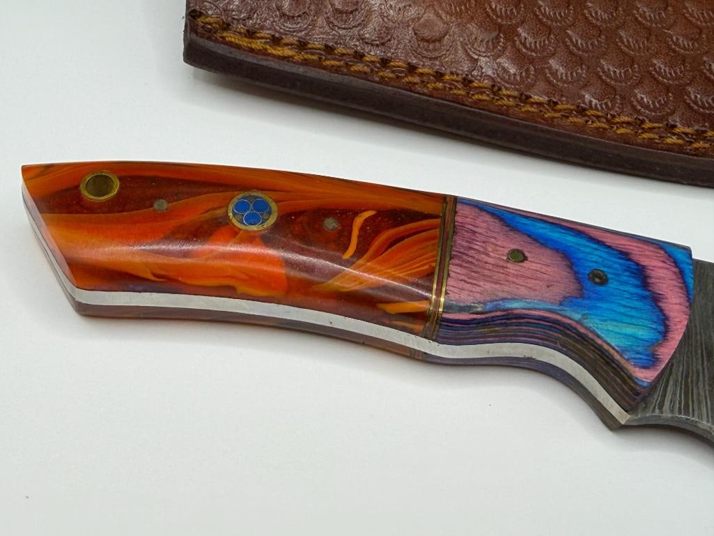 DAMASCUS STEEL FIXED BLADE KNIFE WITH SHARK CUTOUT IN BLADE - 4