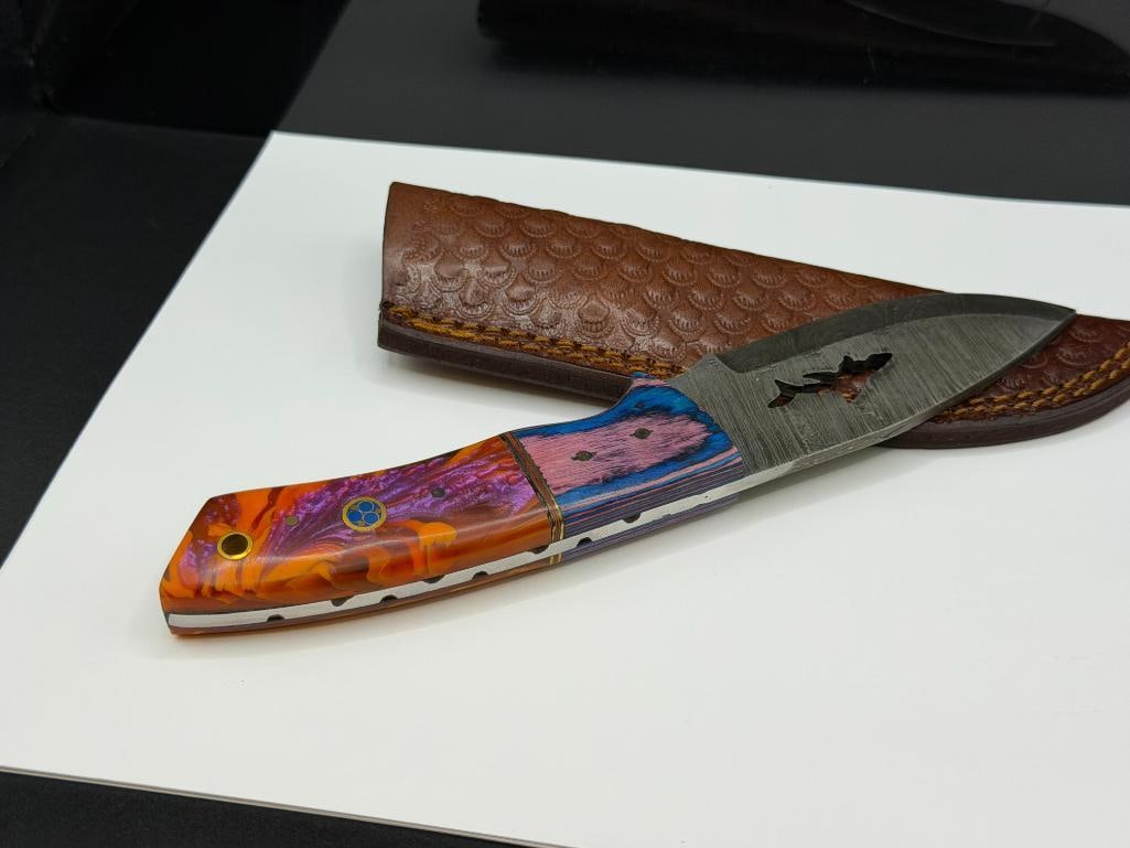 DAMASCUS STEEL FIXED BLADE KNIFE WITH SHARK CUTOUT IN BLADE - 5