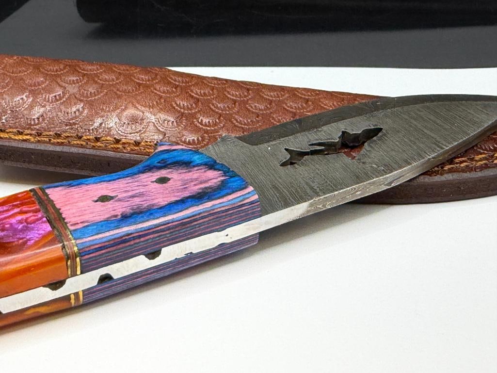 DAMASCUS STEEL FIXED BLADE KNIFE WITH SHARK CUTOUT IN BLADE - 6
