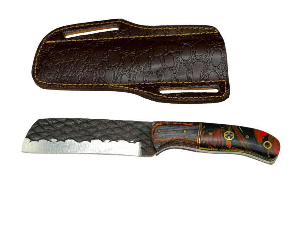 FORGED CARBON STEEL BLADE CLEAVER KNIFE WITH MULTI-COLOR RESIN AND DYED WOOD HANDLE (1 of 8)
