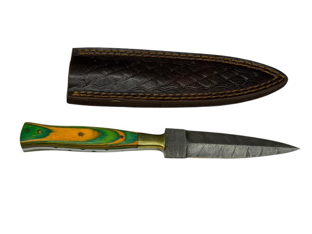 DAMASCUS STEEL FIXED BLADE DAGGER WITH DYED GREEN AND YELLOW WOOD HANDLE (1 of 7)
