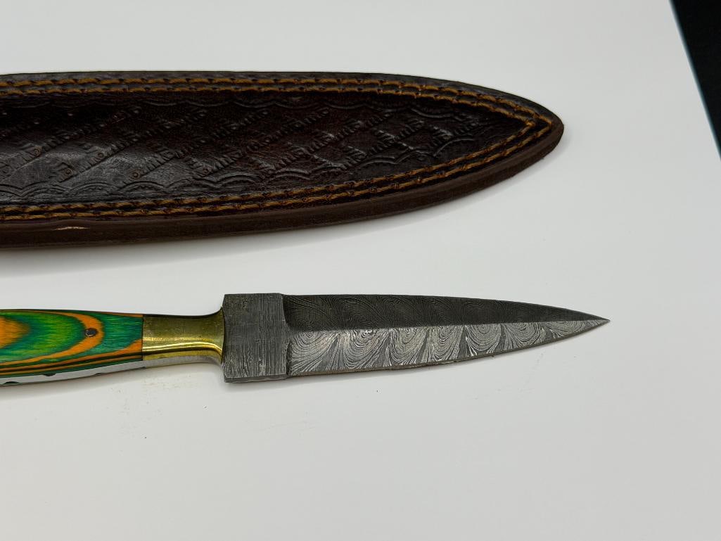DAMASCUS STEEL FIXED BLADE DAGGER WITH DYED GREEN AND YELLOW WOOD HANDLE - 2