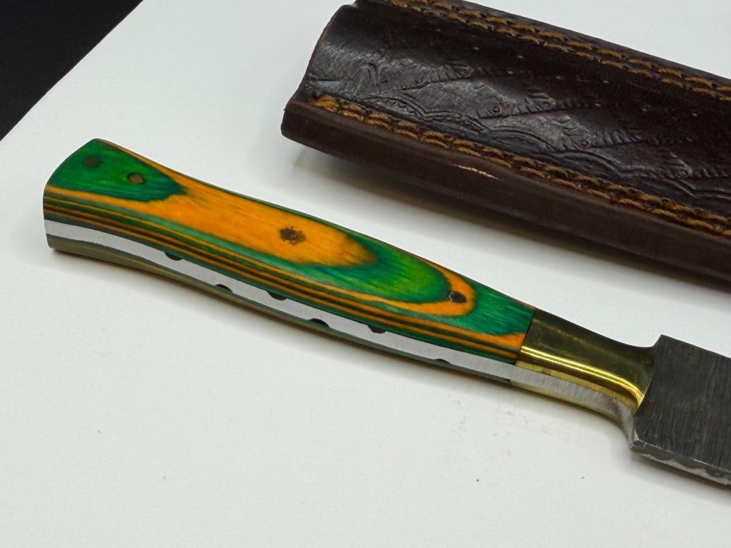 DAMASCUS STEEL FIXED BLADE DAGGER WITH DYED GREEN AND YELLOW WOOD HANDLE - 4