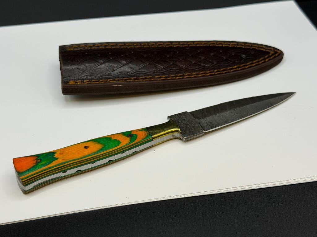 DAMASCUS STEEL FIXED BLADE DAGGER WITH DYED GREEN AND YELLOW WOOD HANDLE - 5