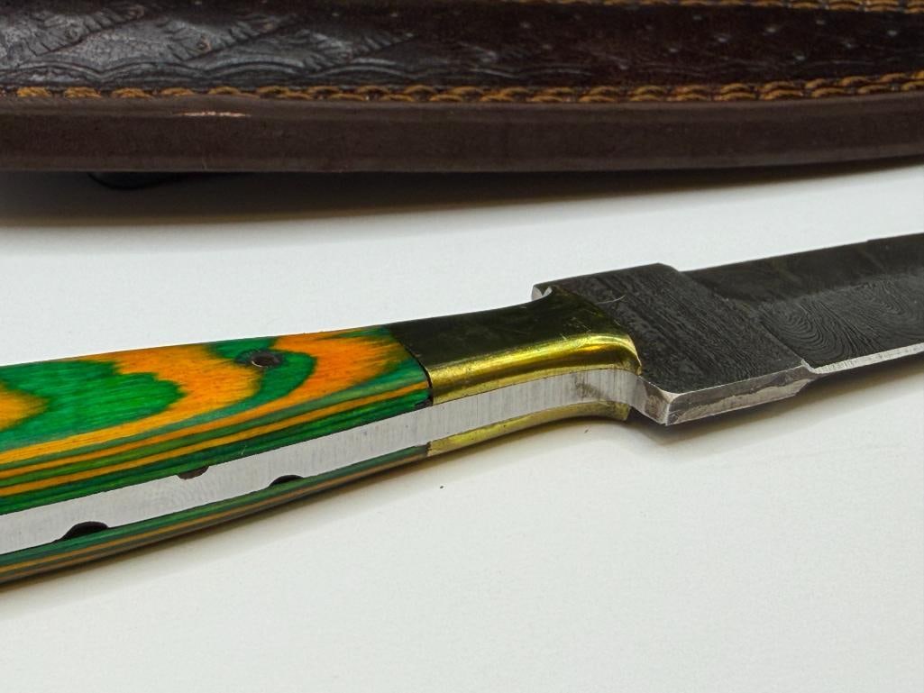 DAMASCUS STEEL FIXED BLADE DAGGER WITH DYED GREEN AND YELLOW WOOD HANDLE - 6