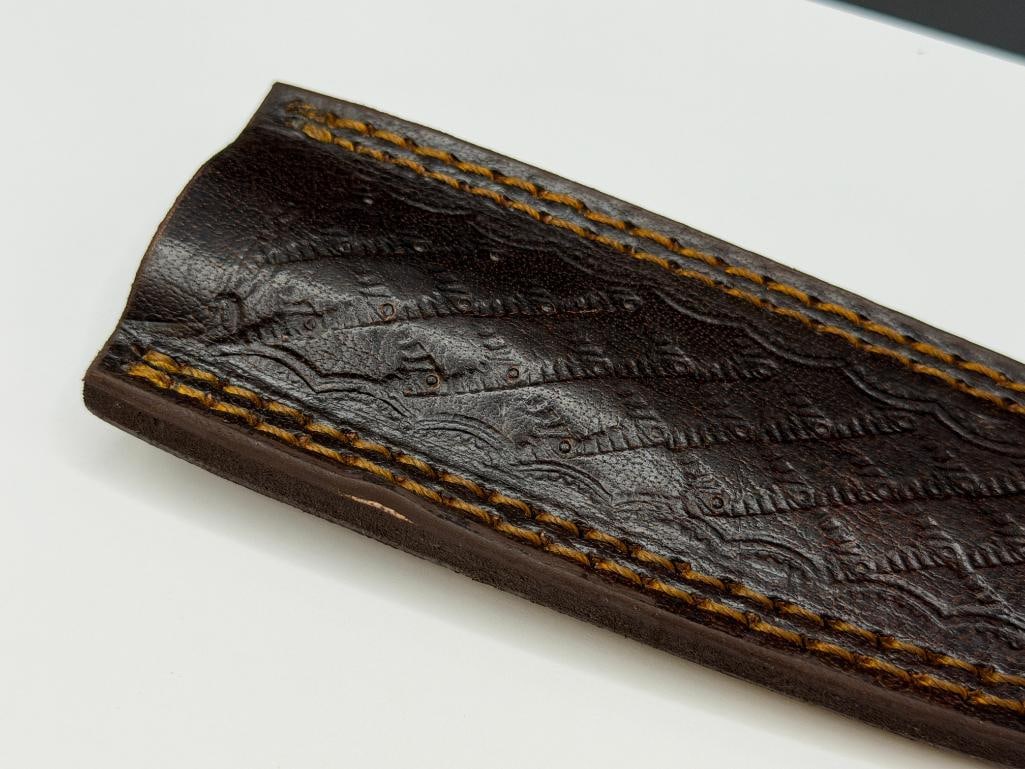 DAMASCUS STEEL FIXED BLADE DAGGER WITH DYED GREEN AND YELLOW WOOD HANDLE - 7