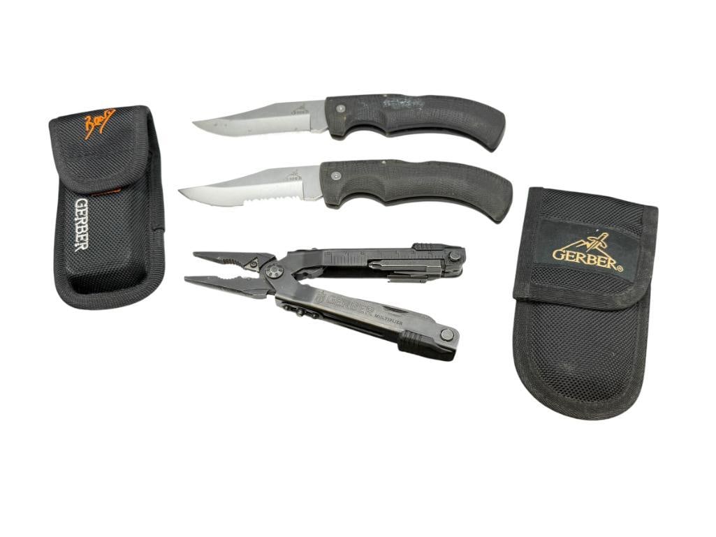 THREE GERBER BRAND ITEMS INCLUDING TWO FOLDING LOCK BACK KNIVES AND A MULTIPLIER TOOL (1 of 11)
