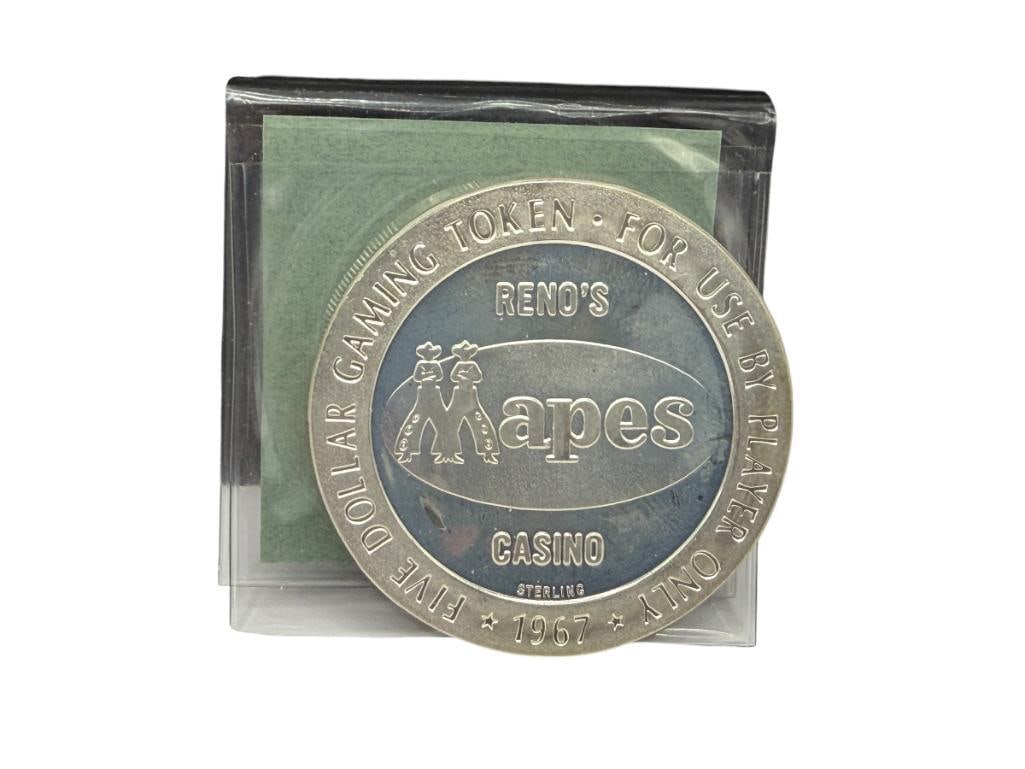 1967 MAPES HOTEL & CASINO RENO, NEVADA STERLING SILVER $5 GAMING TOKEN MINTED BY THE FRANKLIN MINT: 40.53 GRAMS