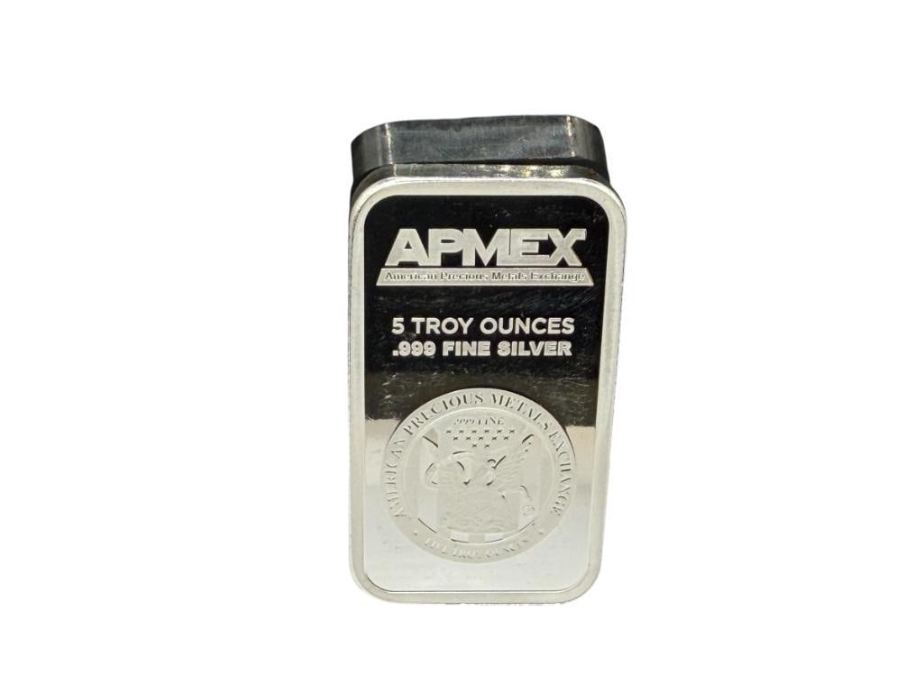 APMEX 5 TROY OUNCE .999 FINE SILVER BAR IN ORIGINAL APMEX PLASTIC BAG: 5 TORY OUNCES, 2"