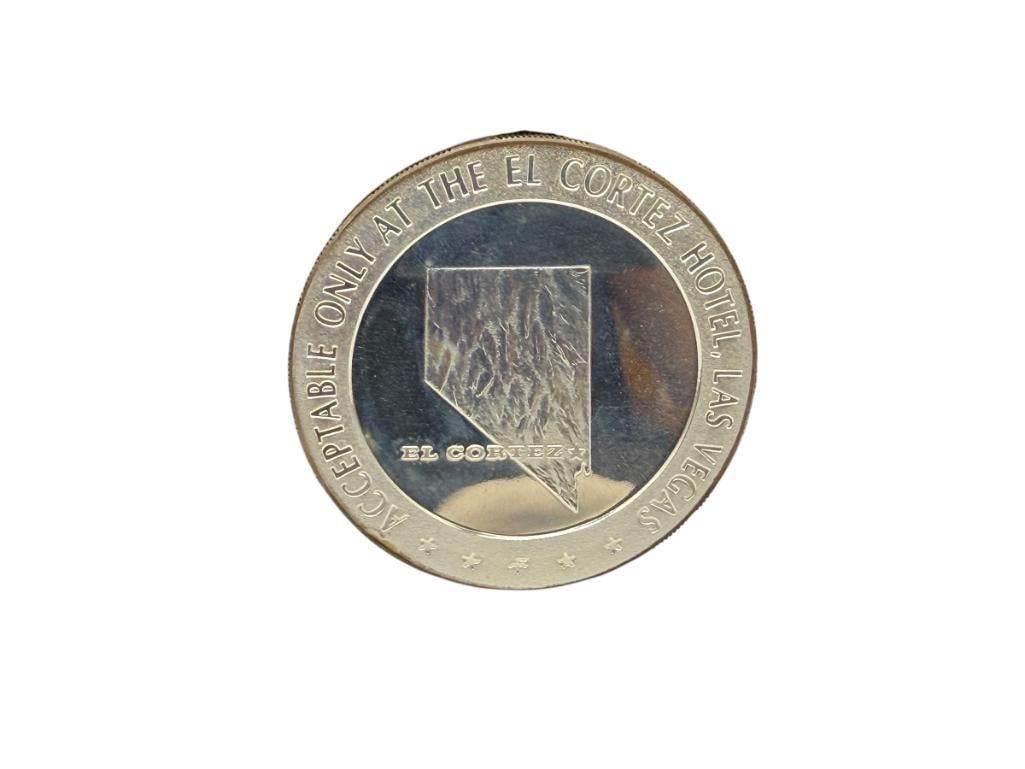 1967 EL CORTEZ HOTEL CASINO LAS VEGAS, NEVADA STERLING SILVER $5 GAMING TOKEN MINTED BY THE FRANK...: 40.6 GRAMS