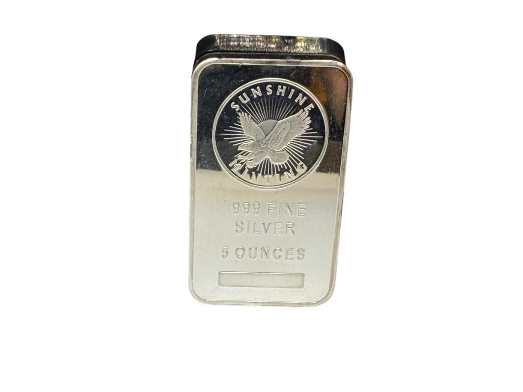 SUNSHINE MINTING .999 FINE SILVER 5 TROY OUNCE BAR: 5 TROY OUNCES, 2 3/8"