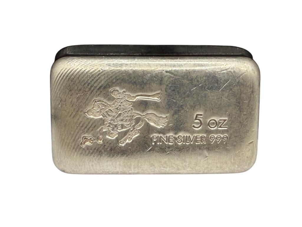 .999 FINE SILVER 5 TROY OUNCE BAR FEATURING PAUL REVERE STAMPED DESIGN: 5 TROY OUNCES, 2 3/8"