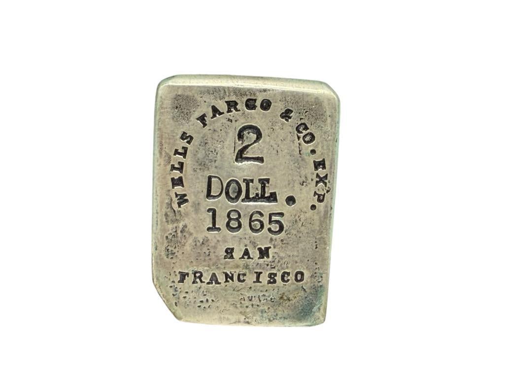 REPRODUCTION WELLS FARGO & CO. SAN FRANCISCO EXP 2 DOLLAR 1865 COIN SILVER BAR: 90% SILVER 1 5/8", 34.47 GRAMS