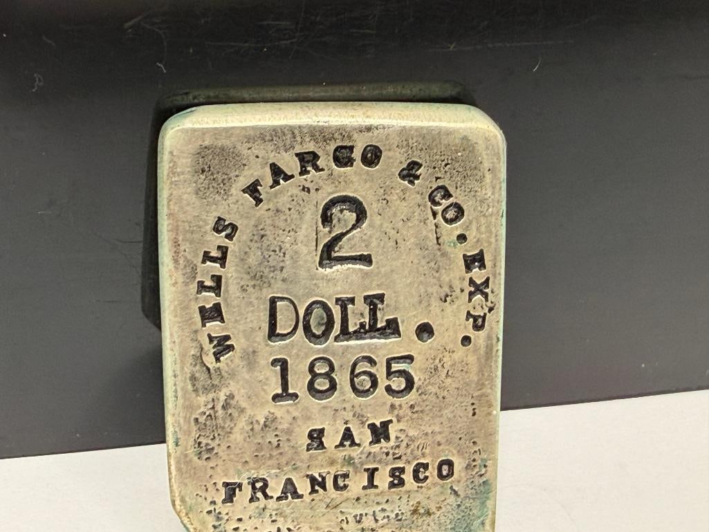 REPRODUCTION WELLS FARGO & CO. SAN FRANCISCO EXP 2 DOLLAR 1865 COIN SILVER BAR - 2