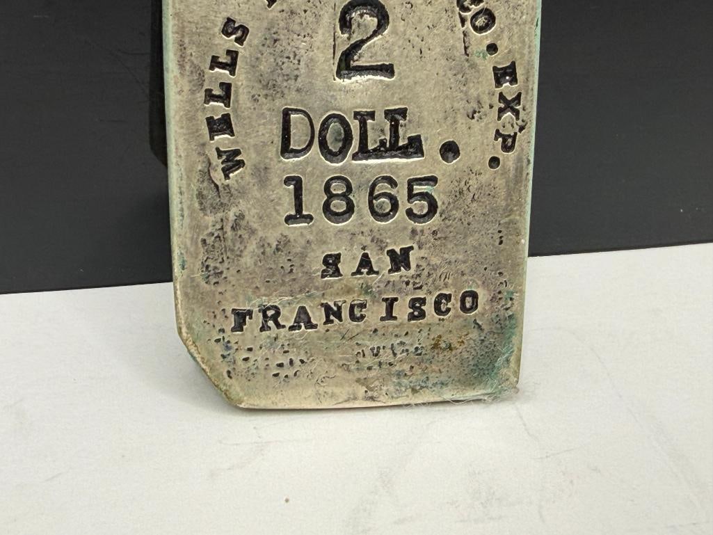 REPRODUCTION WELLS FARGO & CO. SAN FRANCISCO EXP 2 DOLLAR 1865 COIN SILVER BAR - 3
