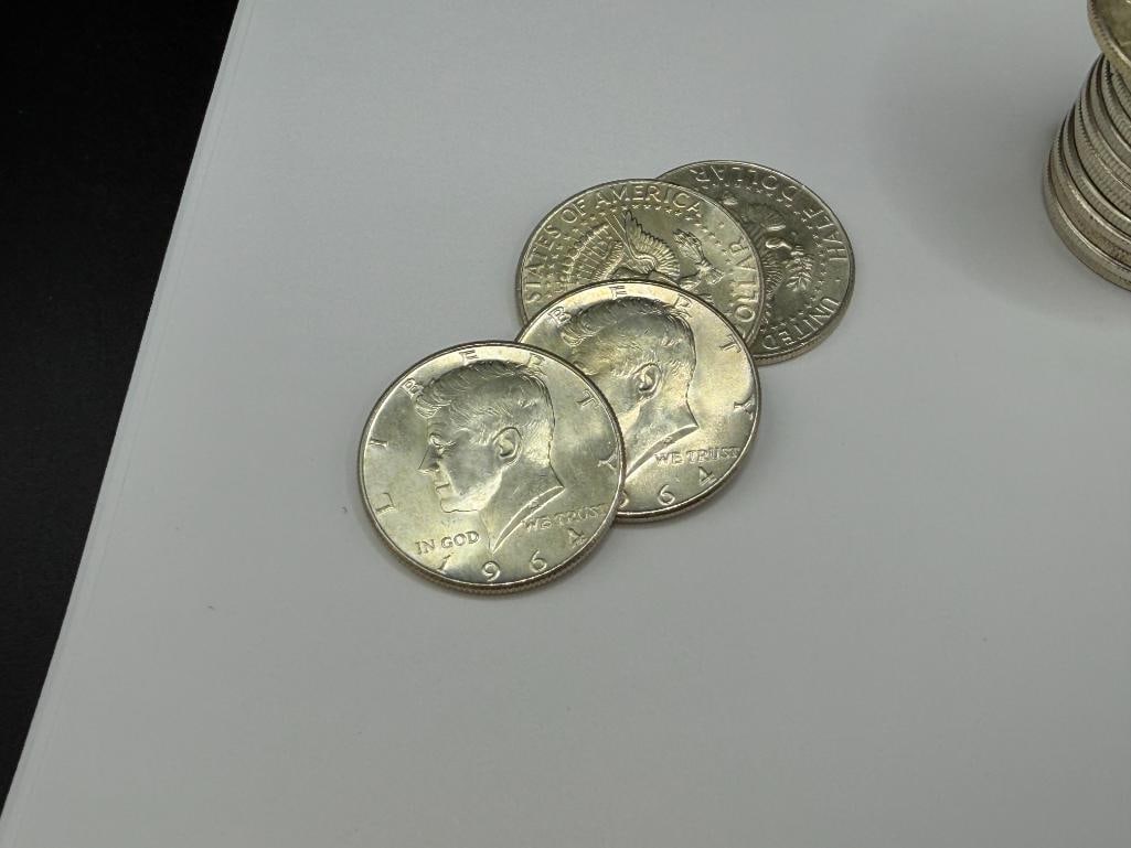 20 UNCIRCULATED 1964 U.S. KENNEDY 90% SILVER HALF DOLLARS: 90% SILVER