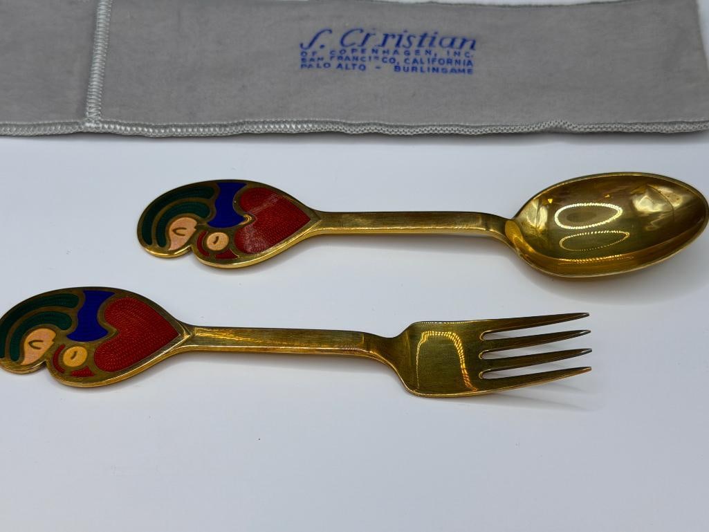 VINTAGE JUL 1968 A. MICHELSEN DANMARK STERLING SILVER A MOTHER'S HEART DESIGN FORK AND SPOON - 2