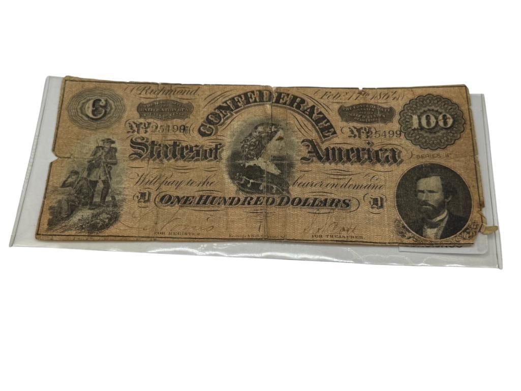 ANTIQUE CIVIL WAR ERA FEB. 17TH, 1864 CONFEDERATE $100 CURRENCY NOTE: NO. 25499, IN POOR CONDITION