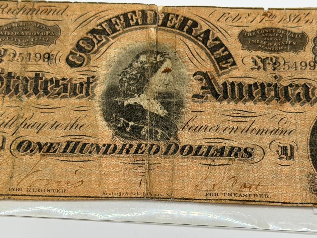 ANTIQUE CIVIL WAR ERA FEB. 17TH, 1864 CONFEDERATE $100 CURRENCY NOTE - 2