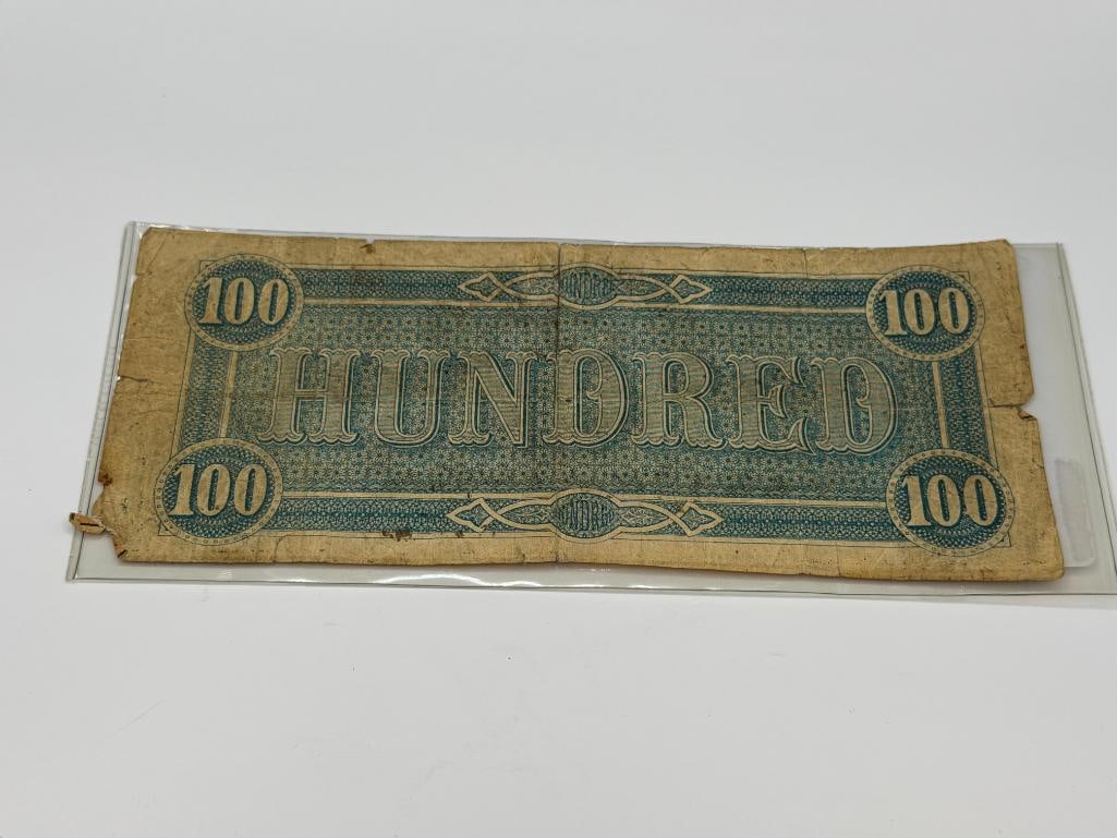 ANTIQUE CIVIL WAR ERA FEB. 17TH, 1864 CONFEDERATE $100 CURRENCY NOTE - 6