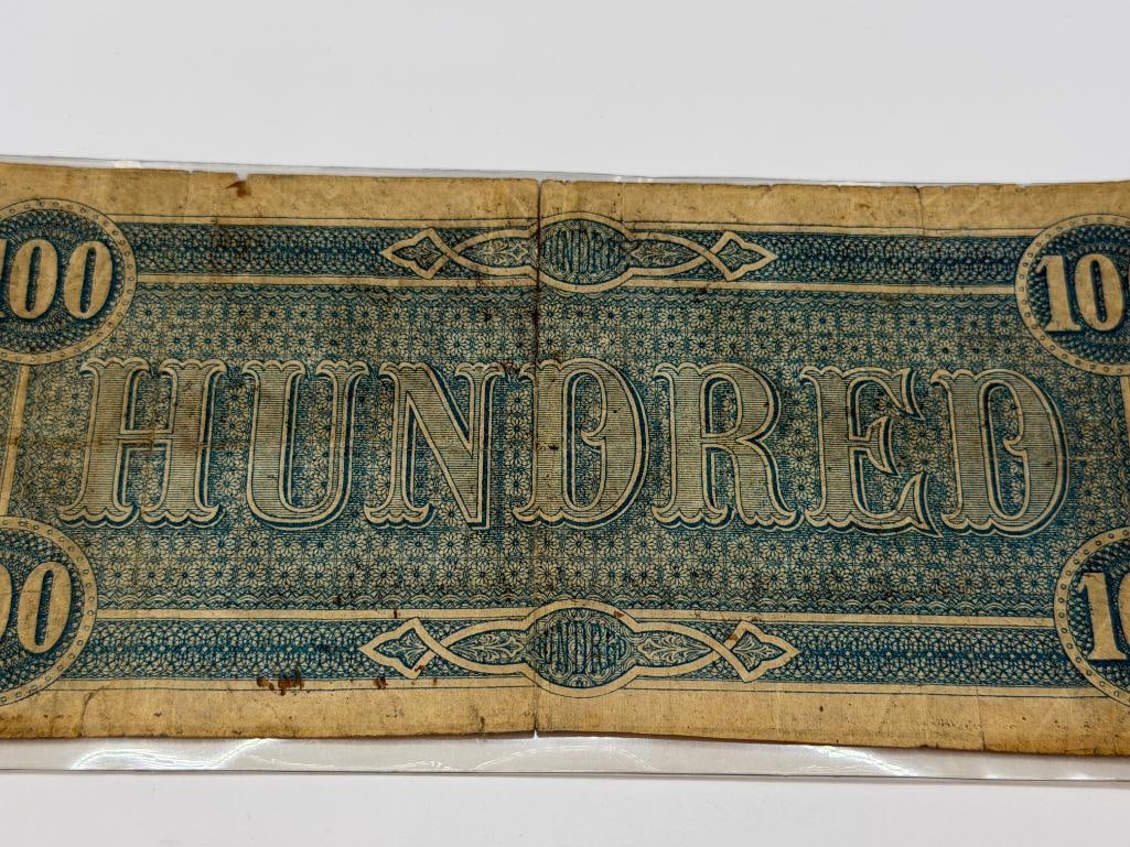 ANTIQUE CIVIL WAR ERA FEB. 17TH, 1864 CONFEDERATE $100 CURRENCY NOTE - 7